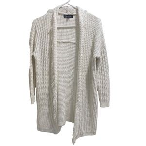 ii Sisters Women’s White Open Front Cardigan Fringed Collar to the Hem sz. Small